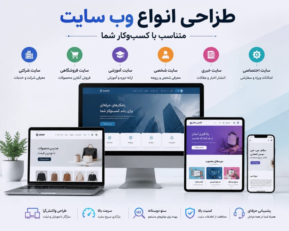 طراحی انواع وب سایت شامل سایت شرکتی، فروشگاهی و اختصاصی