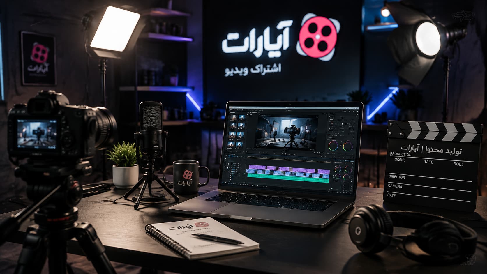 تصویر استودیو تولید محتوا آپارات با تجهیزات فیلم‌برداری، لپ‌تاپ تدوین و ابزارهای تولید محتوای ویدیویی
